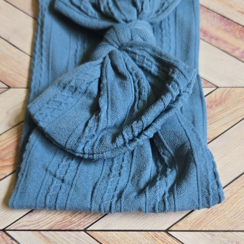 ​Dusty Blue Cable Knit Baby Headband Oversized Bow Soft Stretchy Nylon Hairband